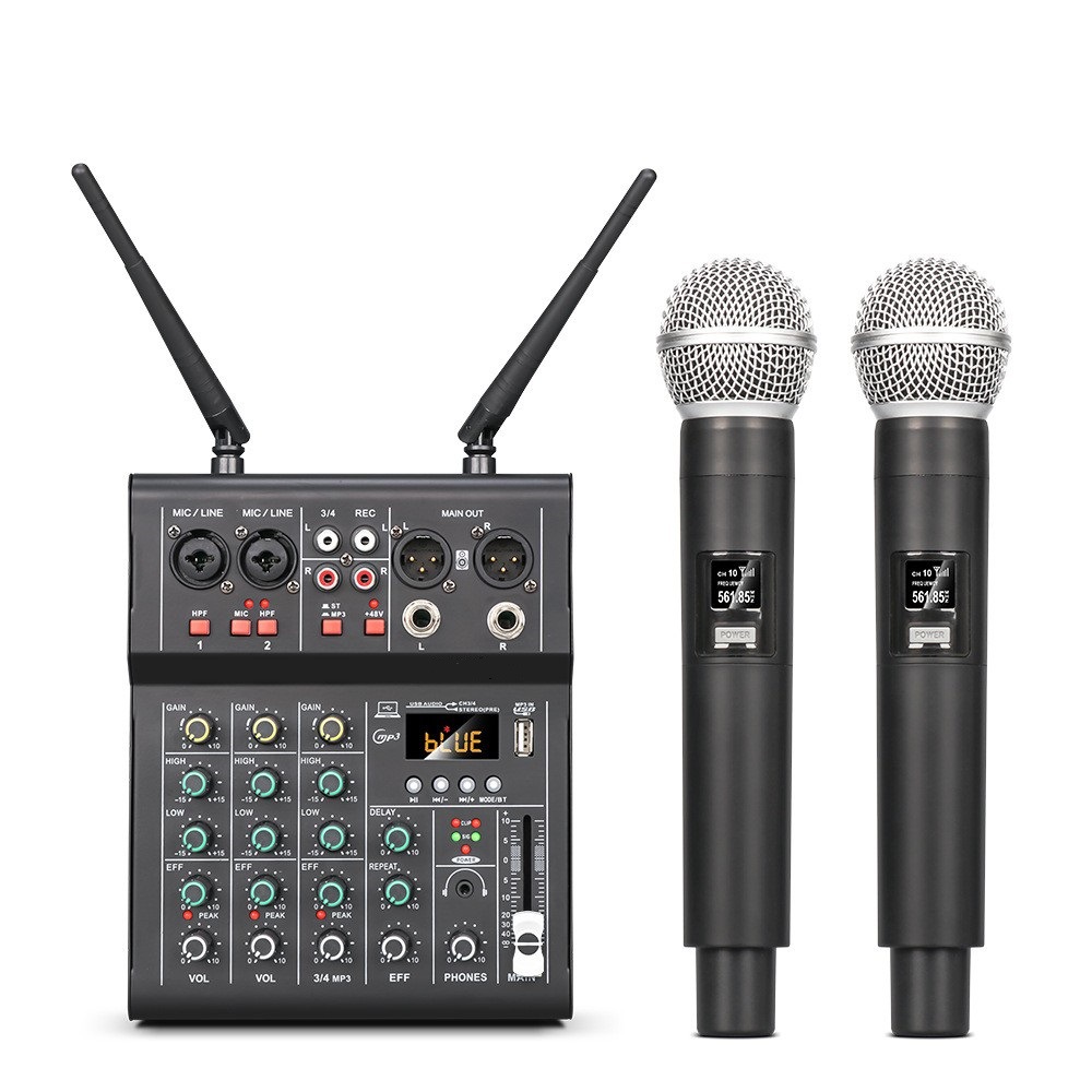 Transfronterizo de cuatro vías pequeña mezcladora con micrófono computadora móvil AudioMixer micrófono recargable de transmisión en vivo