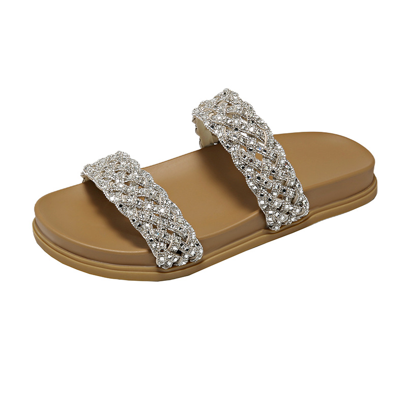 women's Slippers Sparkling Diamond Woven Fashionable Casual Slippers For Women, New Summer Versatile Low-Heel Flat Slip-On Sandals_voghion.com