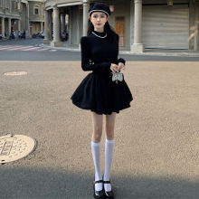 富家千金高级感小黑裙法式气质公主蓬蓬裙小个子内搭针织连衣裙冬