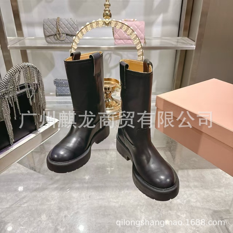 2025秋冬季新款麂皮圆头厚底做旧擦色复古骑士靴低跟中筒靴单靴女|undefined
