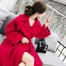 大码女装胖毛呢外套中长款韩版呢子大衣收腰显瘦秋冬装结婚红色