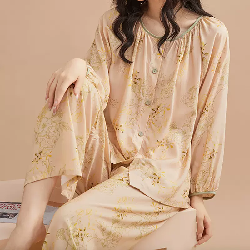 夏季新款棉绸睡衣女士长袖长裤开衫国风印花舒适春家居服薄款套装