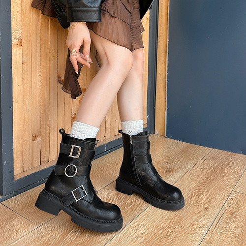 Martin boots, women's genuine leather, autumn and winter, new belt buckle, platform sole, motorcycle knight boots, retro British style short boots