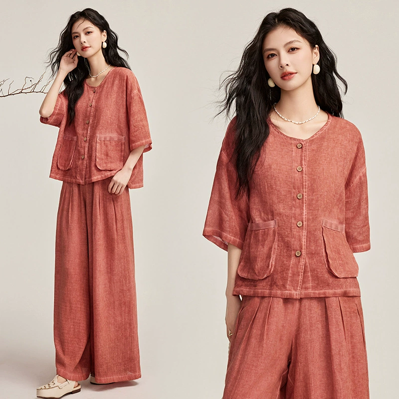 Женский костюм из льна 2025 года, новый, из рами, с двумя карманами, в стиле «старые деньги», для отдыха и ленивого образа жизни, двухпредметный комплект.