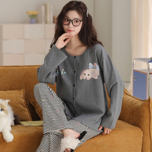 春秋季睡衣女纯棉长袖长裤圆领开衫可爱少女士全棉家居服外穿套装