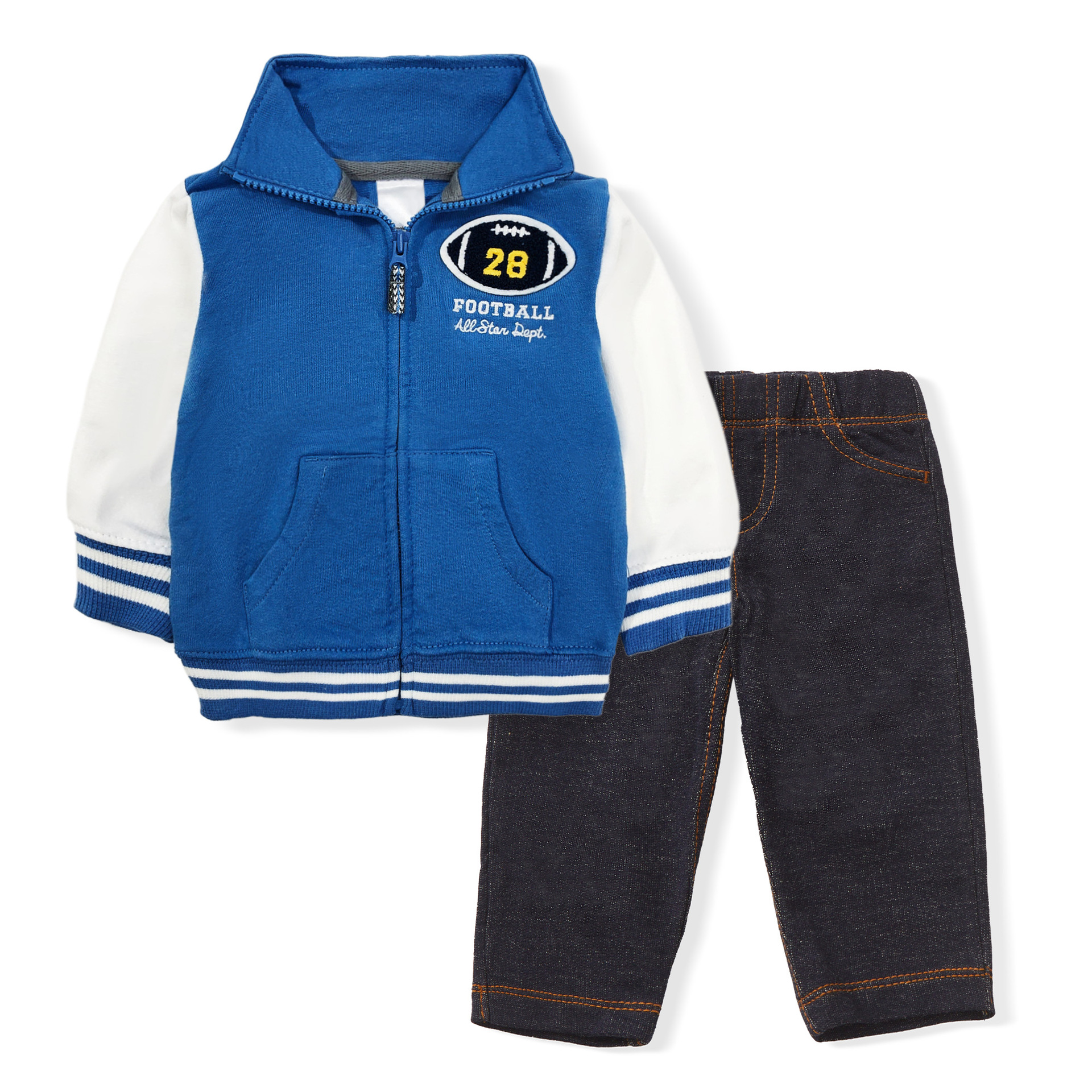 儿童蓝色棒球服套装春秋新款男童百搭棉外套软牛仔长裤宝宝两件套