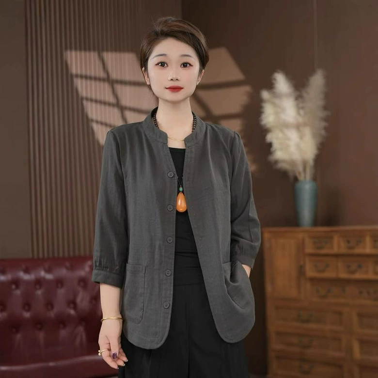 Модная повседневная тонкая хлопчатобумажная марлевая куртка для мам среднего возраста, летняя новая стильная элегантная однотонная универсальная футболка больших размеров с рукавами три четверти