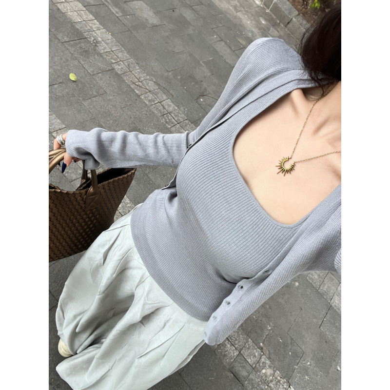 灰色针织吊带外搭开衫两件套女春秋季韩系chic别致穿搭小个子上衣|undefined