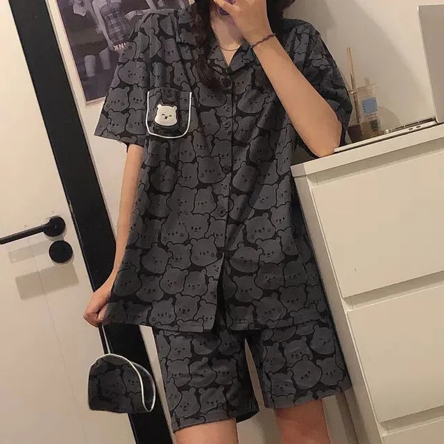 Pijamas de dibujos animados japoneses de verano para mujer oso dulce lindo pantalones cortos de manga corta de dos piezas para el hogar entrega de una pieza para mujer
