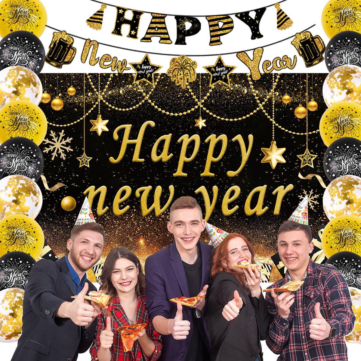 New Year Happy New Year Fish Tail Banner New Year Background Cloth Honeycomb Arrangement Party Decoration Balloon Set