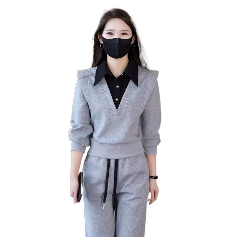 2025新款时尚休闲套装女早秋设计感假两件Polo衫上衣阔腿裤两件套|undefined
