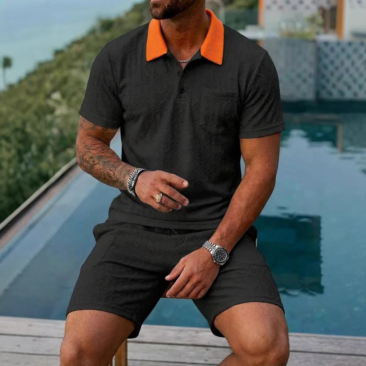 Men's Clothing Summer Fashion Breathable Color Blocked Pocket Short Sleeved Shirt Sports_viptrois.com