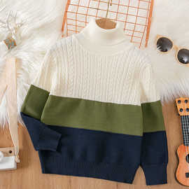 厂家直销秋冬新款韩版儿童高领毛衣男童撞色洋气麻花针织打底衫