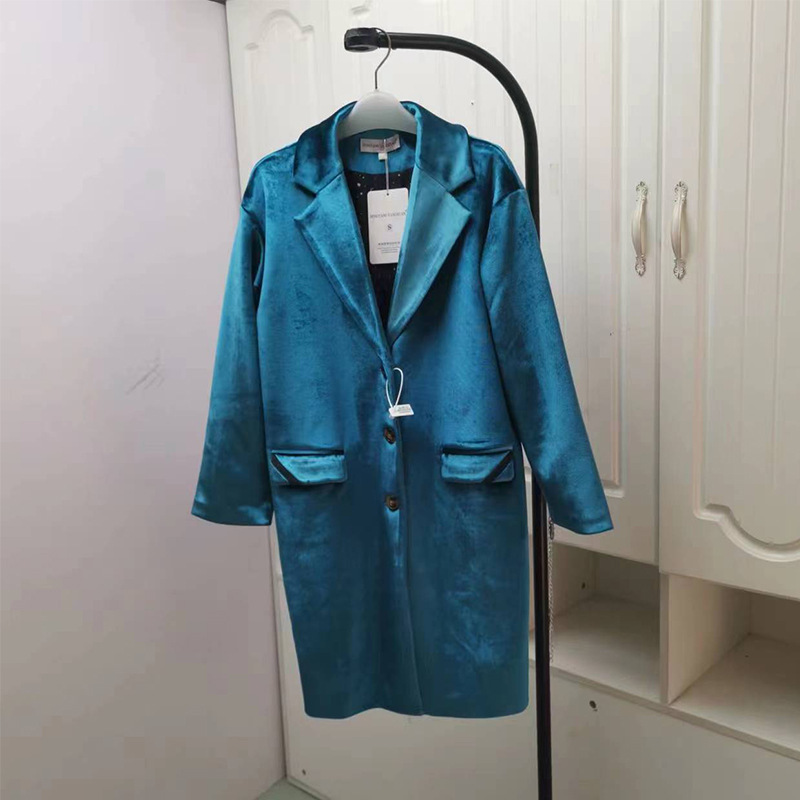 Celebrity-Inspired Korean-Style Green Velvet Long-Sleeve Casual Loose Long Fashion Trendy Jacket for Women