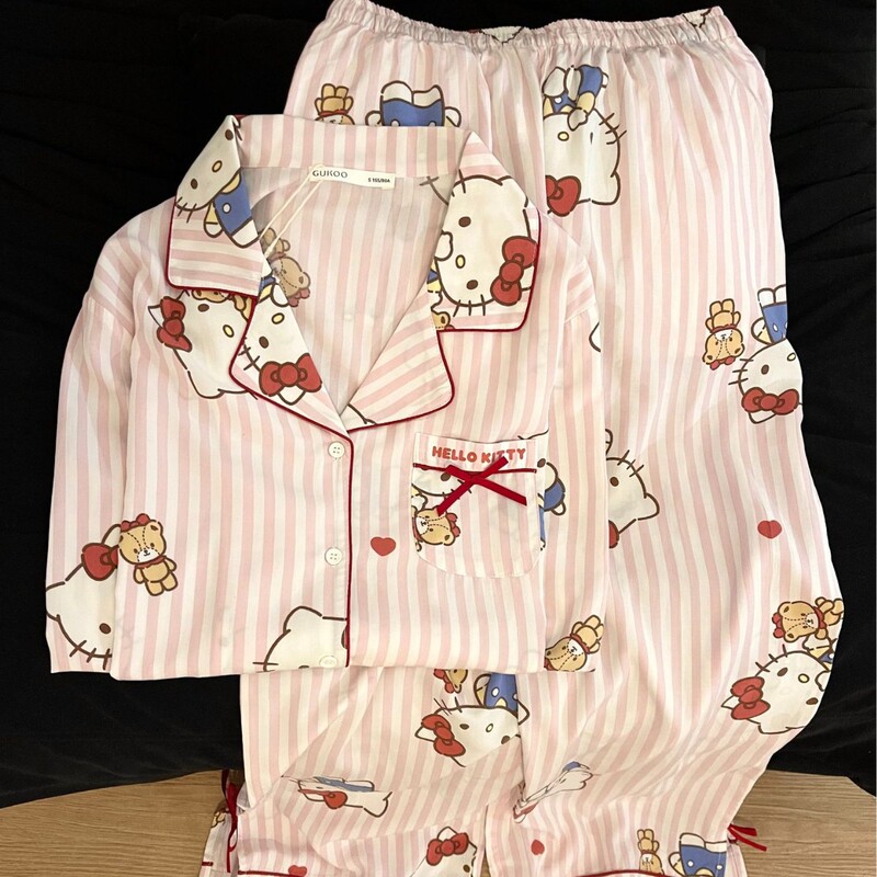 Cross-Border Factory Wholesale Sweet and Cute Striped Hello Kitty Pajamas for Women, New Spring and Autumn Korean Style Home Wear That Can Be Worn Outside Cross-Border Factory Wholesale Sweet and Cute Striped Hello Kitty Pajamas for Women, New Spring and Autumn Korean Style Home Wear That Can Be Worn Outside