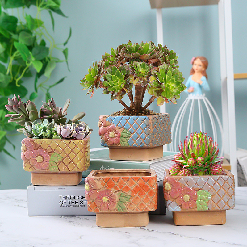 Rectangular flower color creative stoneware breathable succulent plant bonsai hand-painted perforated ceramic household potted plant