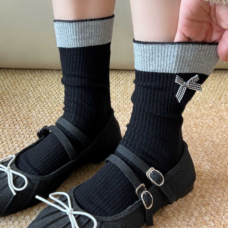 Autumn and Winter Socks for Women, Mid-Calf Socks in Black and Gray with Bowknot, Slouch Socks, European-Style Accessory Socks, Ballet-Style Striped Long Socks