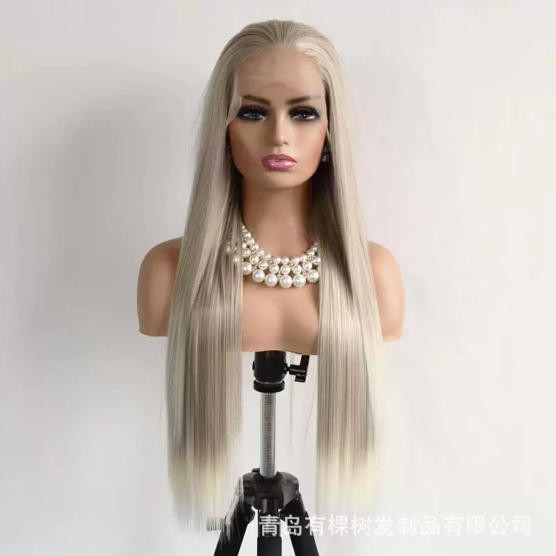 欧美假发亚马逊新款哑光高温丝化纤前蕾丝头套混色长直发一件代发