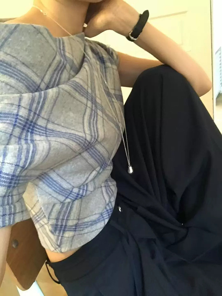 在庫あり 斜め肩ウエストチェック柄半袖レディース 2025 夏韓国スリムフィットニッチデザイナーレディースウェア