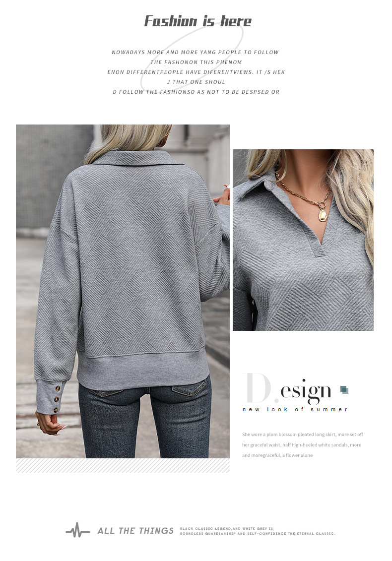 Sweat-shirt à revers d'automne pour femme, couleur unie, haut texturé, bouton décoré_voghion.com