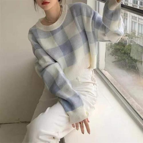 Women's Knit Sweater 2025 Autumn/Winter New Color-blocked Plaid Loose Short Sleeveless Turtleneck Long-sleeved Top