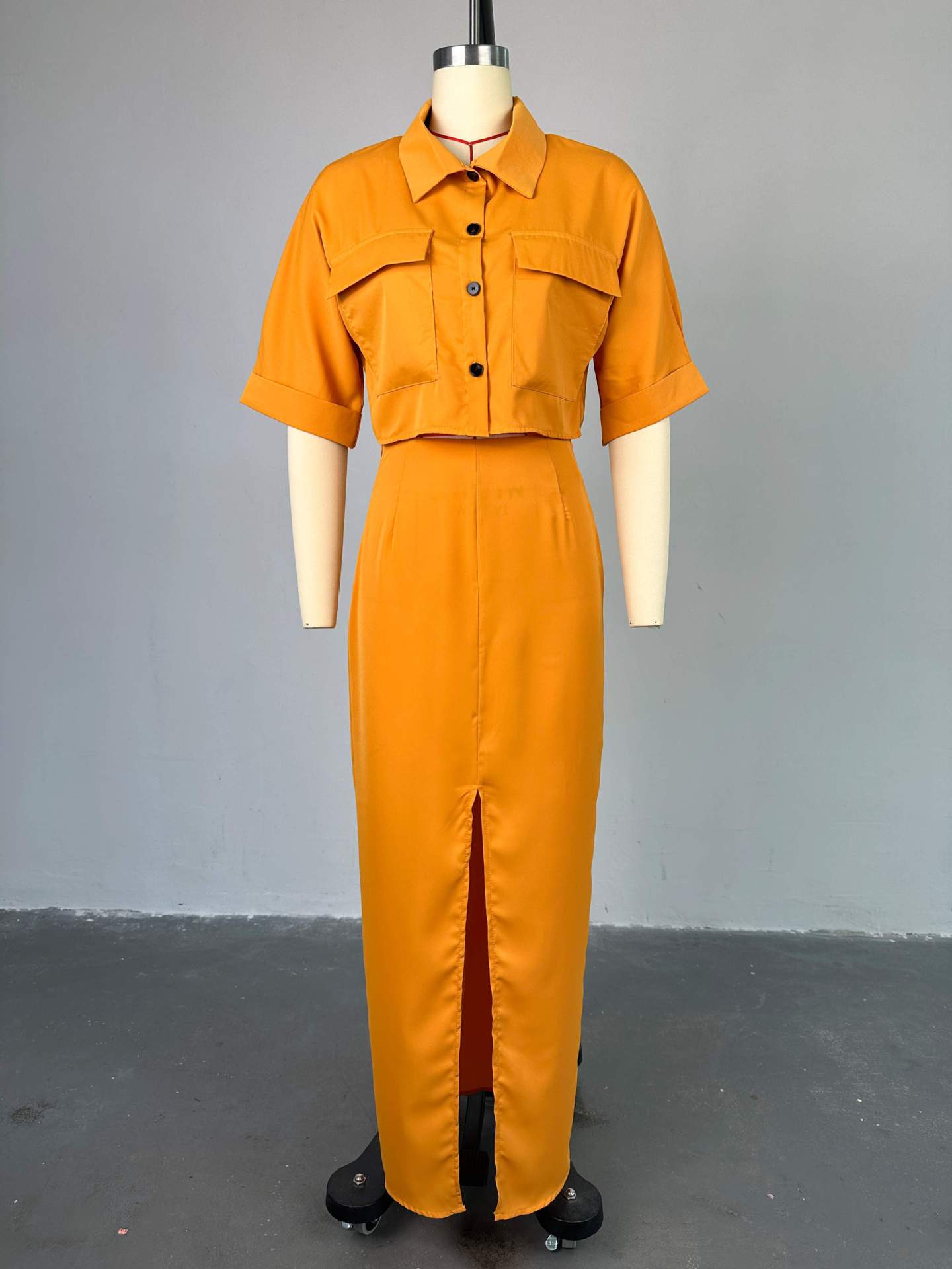 Women Clothing Summer Polo Collar Short Shirt Top Split Hip Skirt Set