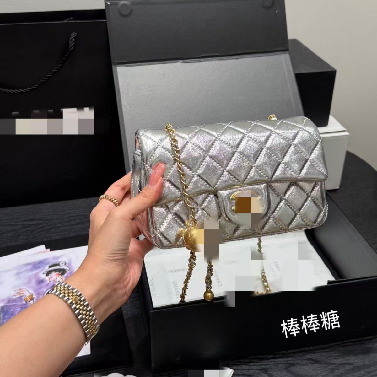 双c扣羊皮女包菱格链条包小号方胖子cf小香mini黑色女包两个尺寸
