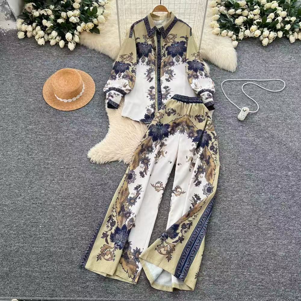Women's European Style Chic Printed Shirt And Pants Set Casual Long Sleeve Loose Fit High Waist Wide Leg Straight Pants Autumn Wear_ecoleips.com