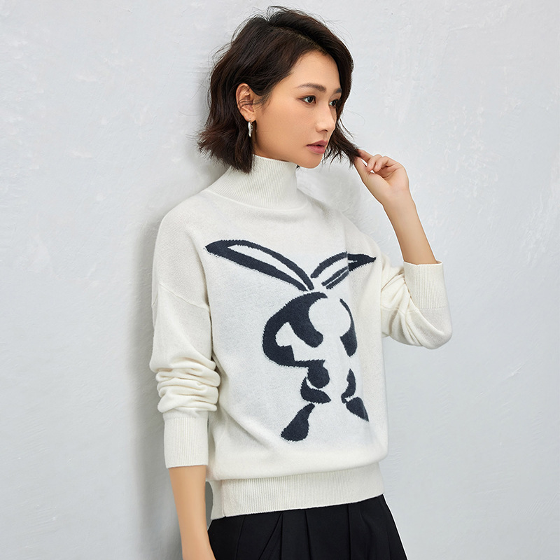 高领100%纯羊毛衫女秋冬新款卡通兔针织毛衣宽松显瘦减龄羊毛打底