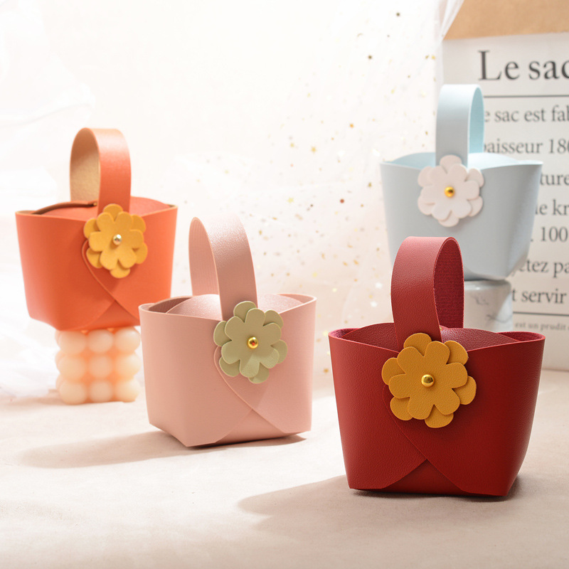 INS风结婚礼皮质包手提喜糖盒带花糖果袋创意婚庆用品伴手礼盒袋