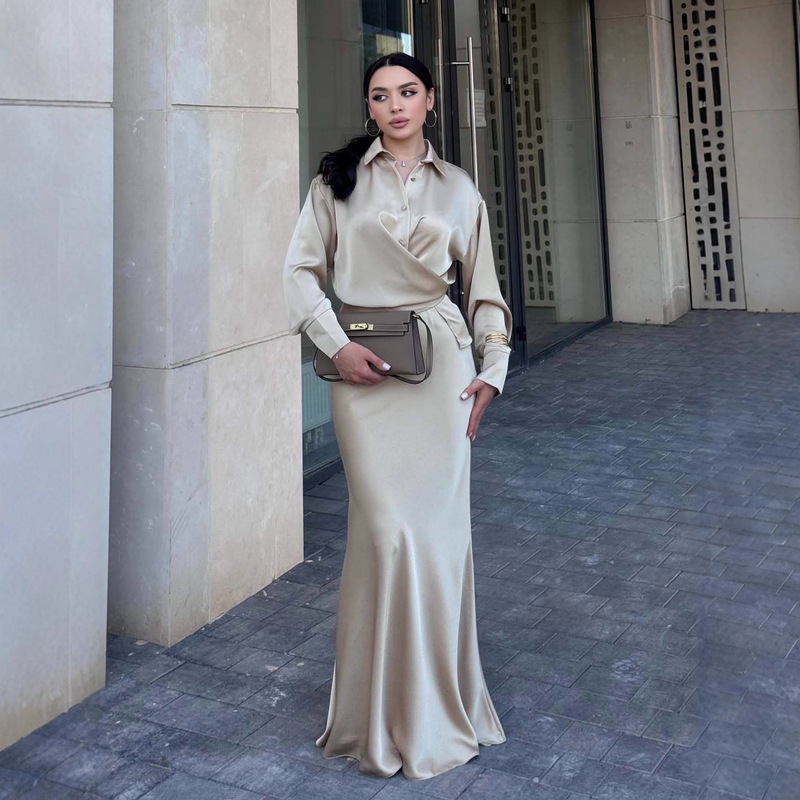 2025跨境欧美中东秋季新款polo领气质通勤衣裙收腰仙女包臀裙女装|undefined