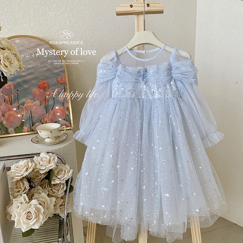 Girls' Dress Elsa 2026 Spring New Style Princess Dress Stylish Little Girl Cape Frozen Dress