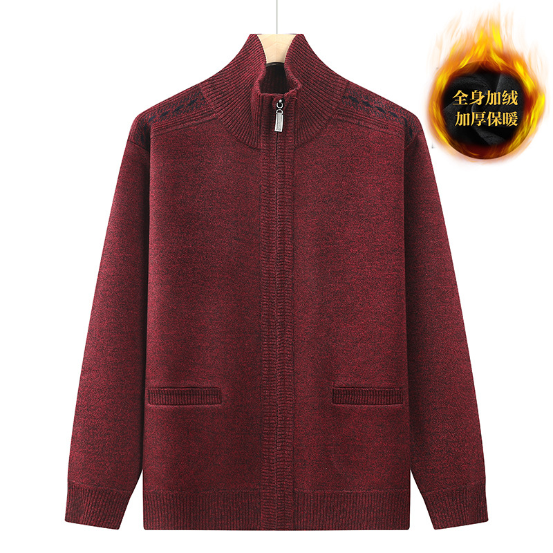 中高年のお父さんのセーターの男性の秋冬のベルベットの上着の老人の保温のメリヤスのゆったりしているレジャーのおじいさんは服を詰めます。