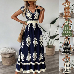 2025 ヨーロッパとアメリカのアマゾン AliExpress 新しい夏のファッションプリント V ネックウエストロングドレス婦人服