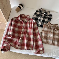 格子磨毛春秋新款外套百搭宽松慵懒小个子短款上衣长袖衬衫衬衣