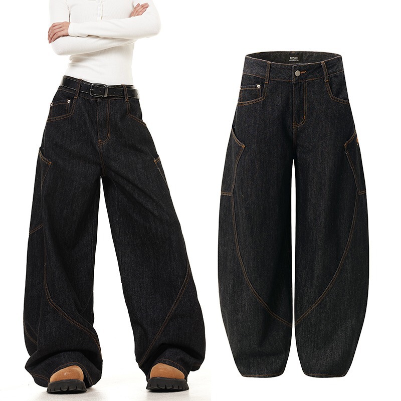 American Retro Street Design Silhouette Scimitar Jeans Loose Wide-Leg Floor-Length Pants Banana Pants Sickle Pants