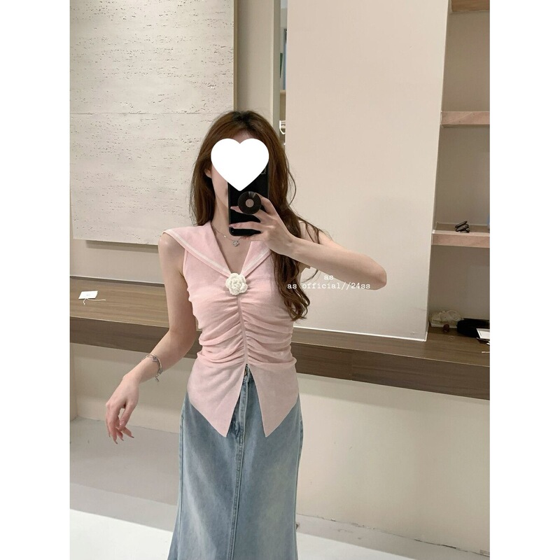 Cross-Border In-Stock Youthful Sailor-Collar Sleeveless Shirt, Pure Desire Sweet Spicy Girl Tube Top, Strapless, Cut-Out Shoulder, Waist-Cinching Top