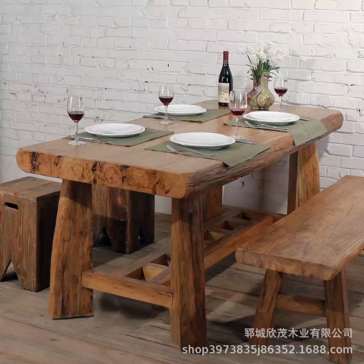 Cross-Border Dining Table Old Elm Rectangular Tea Dining Table All Solid Wood Chinese Furniture Hotel B&B Log Table
