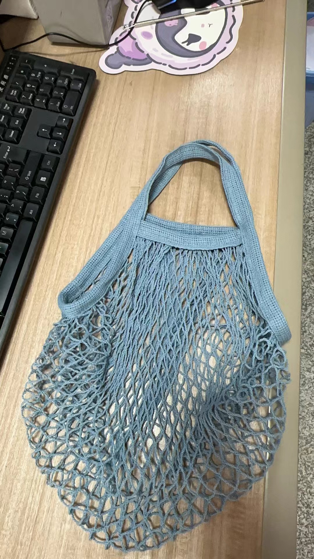 Short satchel; gray blue; pure cotton mesh bag