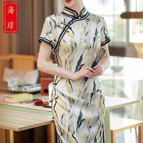 Blue striped mulberry silk qipao retro chinese dress for women young female elegant temperament of high-grade real silk long  dresses