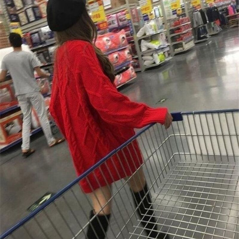 Autumn and Winter Round Neck Thick Stick Needle Mid-Length Twist Red Sweater Women's Thick Knitted Loose Wool Dress