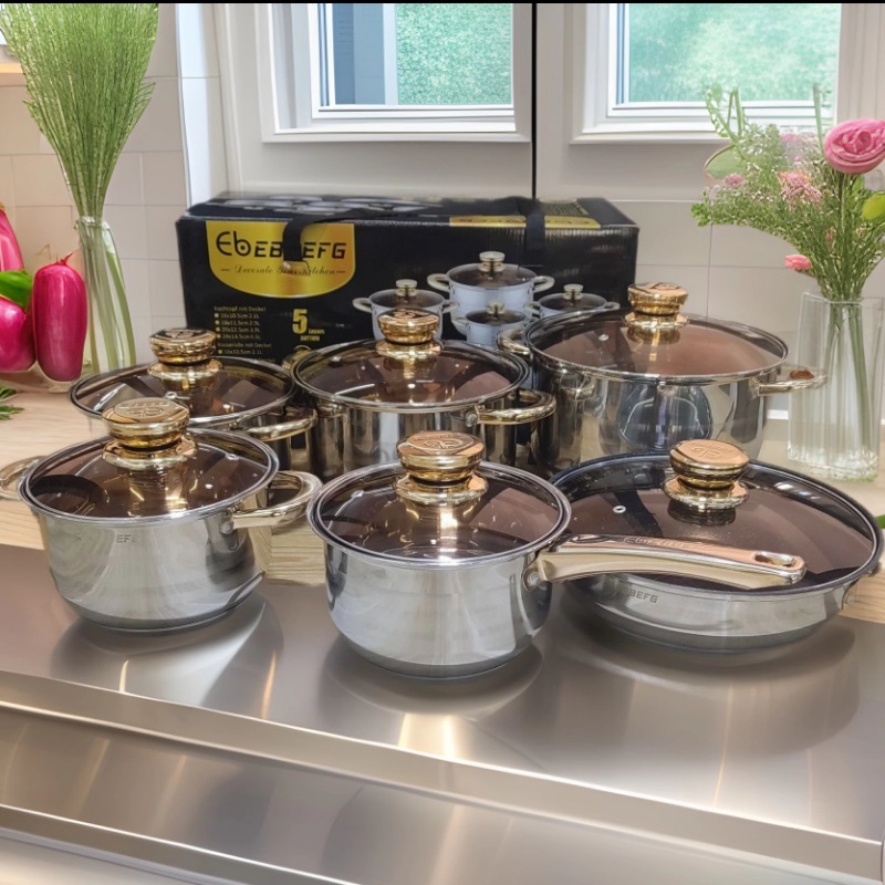 Comercio exterior transfronterizo de acero inoxidable de Vietnam 6 piezas EB set pot 12 piezas set pot mango de fondo grueso lujoso ligero