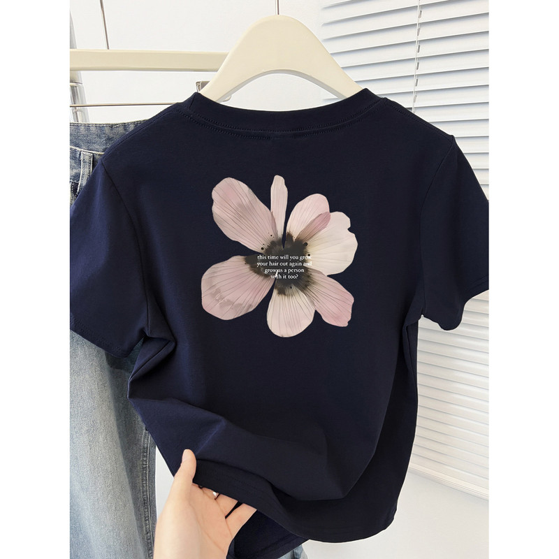 Navy Blue Flower Print Age-Reducing Short-Sleeved T-Shirt for Women Summer New Slimming Look Half-Sleeved Top Ins Navy Blue Flower Print Age-Reducing Short-Sleeved T-Shirt for Women Summer New Slimming Look Half-Sleeved Top Ins