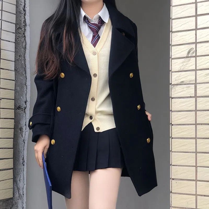 Japanese-Style College Wool Coat for Women, Autumn and Winter New Double-Breasted Fashion Versatile Hepburn-Style Elegant Wool Coat