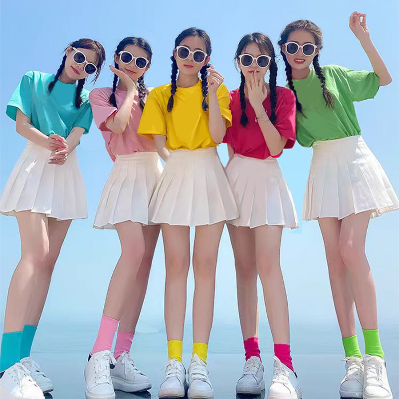 Candy-colored T-shirt pleated skirt suit costume female color 180g new dopamine bridesmaid group girlfriends class clothing