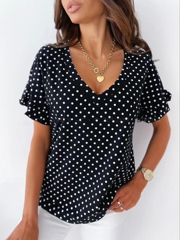 v-Neck Short-Sleeved Polka Dot Short-Sleeved Top NSYF53242