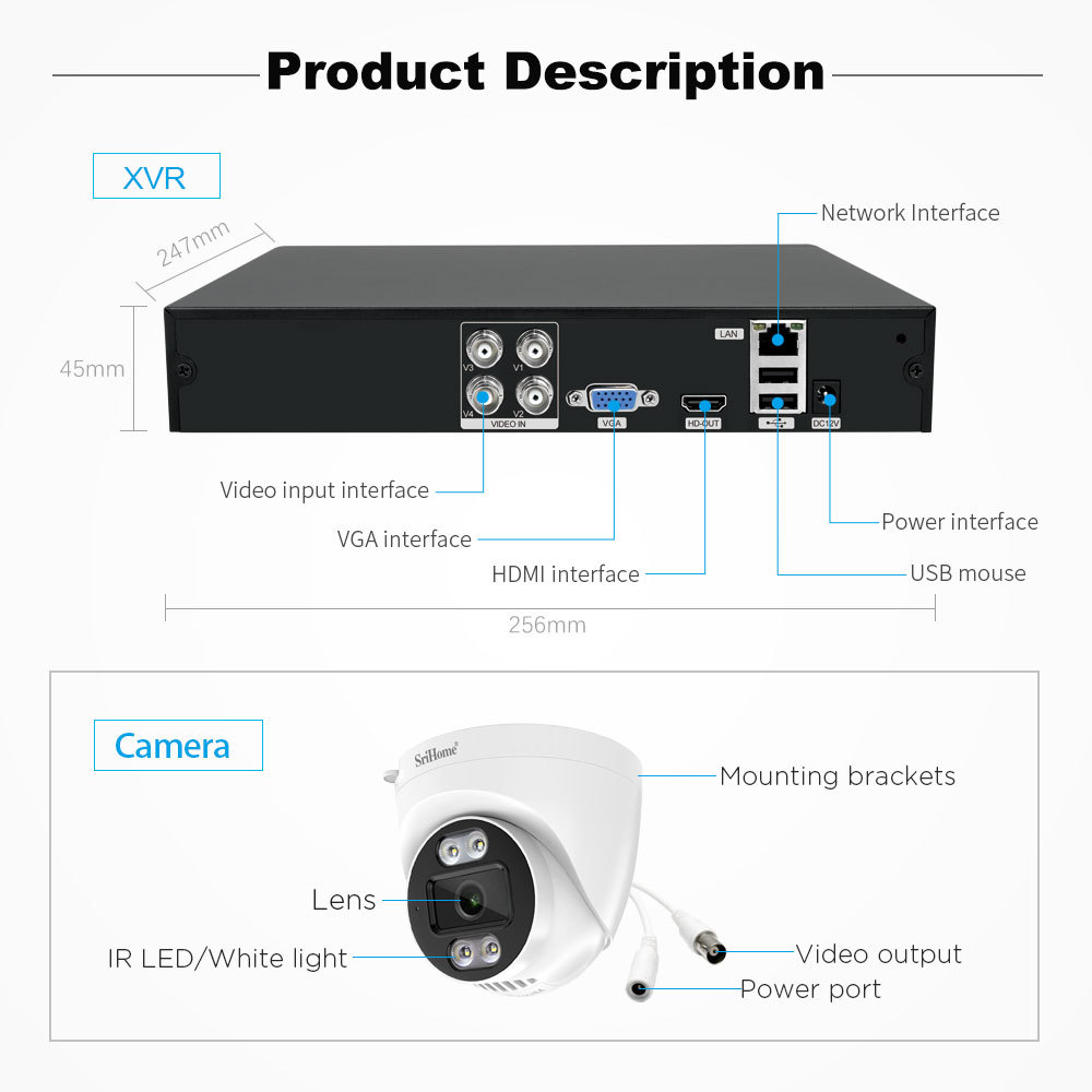 Srihome 4 kanallı 1080p HD analog DVR kameraset