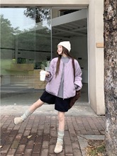 2025秋冬新款韩系宽松时尚百搭轻薄棉衣紫色气质棉服外套女装chic