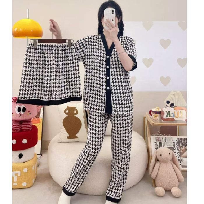 Pijamas de algodón de nube de amor dulce a cuadros de dopamina para mujer verano nuevo estilo pantalones de manga corta ropa a domicilio traje de tres piezas