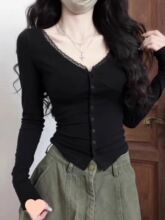 早秋纯欲风领黑色打底衫上衣女春装法式修身辣妹针织小上衣